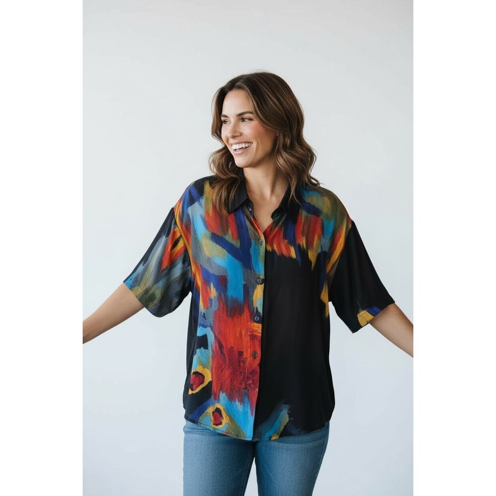 We Be Bop Artsy Short Sleeve Shirt Top Size 0X Rayon